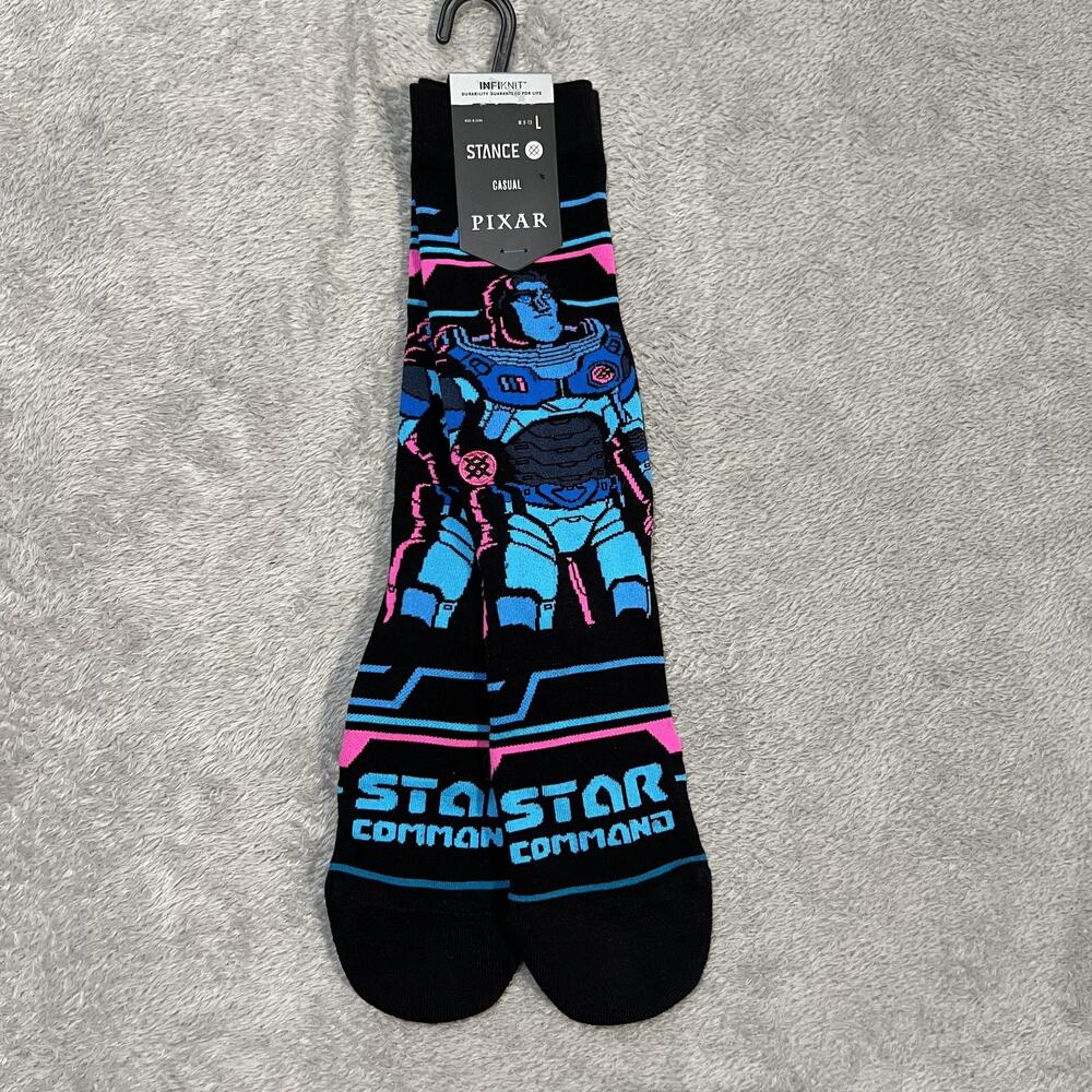 Stance Pixar Buzz Lightyear Socks Mens Large Black Star Command Crew INFIKNIT